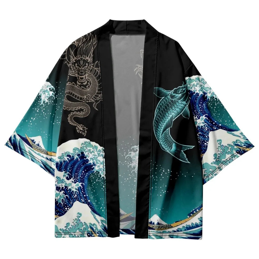 Men and Women's Japanese Kimono, Wave Carp, 3D Print Pattern Coat, Green Traditional Haori Cardigan, Japan Black Beach Clothing